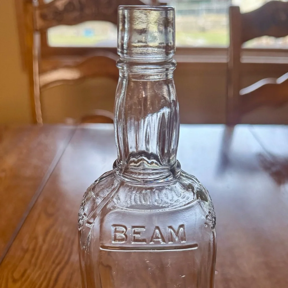 Vintage 1940s Jim Beam Clear Glass Whiskey Bottle Embossed MCM Decor